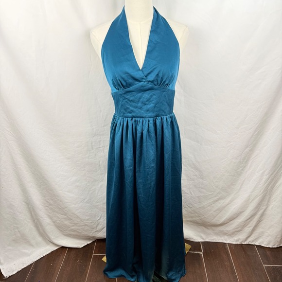 Labera Dresses & Skirts - Labera Satin Teal Blue Halter Maxi Dress Plunging Bodice Formal Classic Timeless
